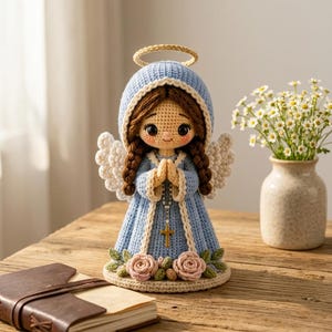 May include: A crocheted angel doll with brown hair in braids, wearing a light blue hooded robe with white trim. The doll has white wings, a gold halo, and hands clasped in prayer holding a small rosary with a cross. The base features pink roses.