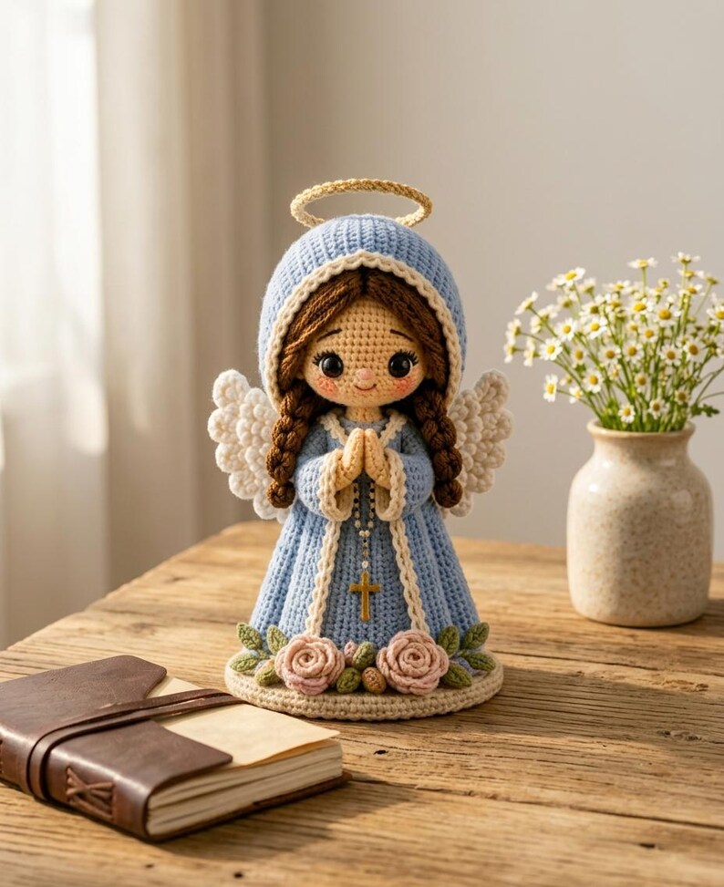 May include: A crocheted angel doll with brown hair in braids, wearing a light blue hooded robe with white trim. The doll has white wings, a gold halo, and hands clasped in prayer holding a small rosary with a cross. The base features pink roses.