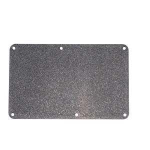 May include: A black rectangular plate with a textured surface and four small holes around the edges.