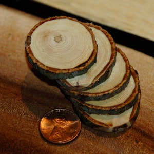 May include: A stack of six wooden round slices, each with a different diameter, arranged in a decreasing size order. The slices are made of light brown wood with a natural bark edge. The slices are stacked on a wooden surface.