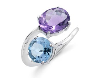 Toi et Moi Byby-Ring mit ovalem Amethyst & Blautopas in 925 Sterling Silber