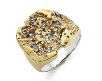 Artisan Organic Molten Texture Ring with Blue Topaz Accents in Gold Vermeil Sterling Silver