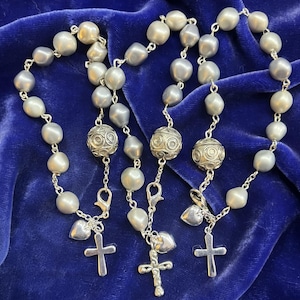 Vintage Genuine Silvery Pearl and Sterling Silver 7.5&quot; Rosary Bracelet Trio