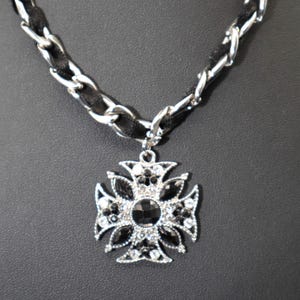 Vintage Cookie Lee Maltese Cross Necklace Rhinestone Silver Tone Chain with Black Ribbon