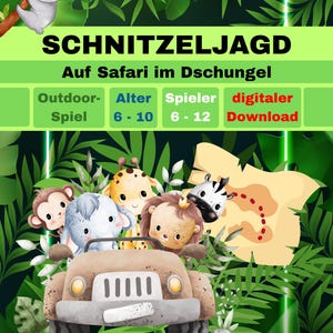 Djungelskattjakt/skattjakt för barnkalas (utskrivbar), safari, regnskog, djur, för barn från 6, 7, 8, 9, 10 år och uppåt