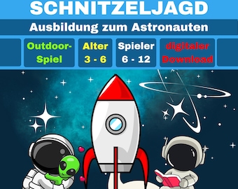 Printable astronaut-themed scavenger hunt/treasure hunt for children's birthday parties, space, outer space, for children aged 3, 4, 5, 6 and up.