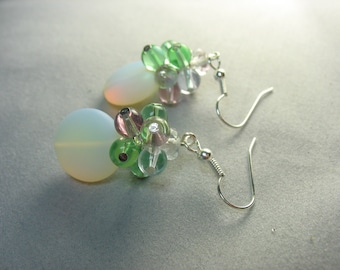 frosted opalite glass earrings capped with glass bead cluster ... enchanted moon