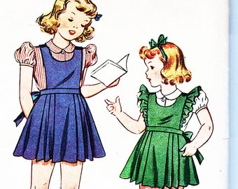 Pinafore Dress Pattern Girls Blouse Panties Back Button Ruffle Pinafore size 6 Vintage Sewing Pattern 1940s