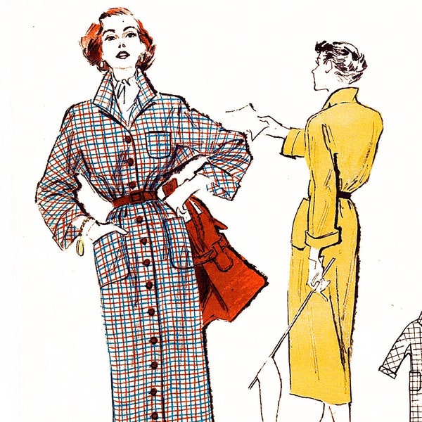 1940s Boxy Shirtwaist Dress Pattern for Womens Shirt Dress with Pockets Kimono Sleeve Dress Sewing Pattern size 14 Bust 32 UNCUT
