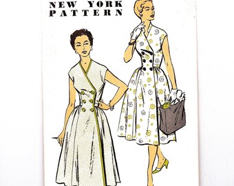 1950s Dress Pattern Women Double Breasted Dress with V Neckline 32 Bust Cap Sleeve Standing Collar UNCUT