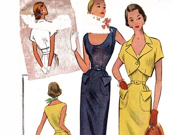UNCUT 1950s Pattern Dress with Jacket Scoop Neck Dress Sleeveless with Bolero Jacket Misses size 14 Bust 32