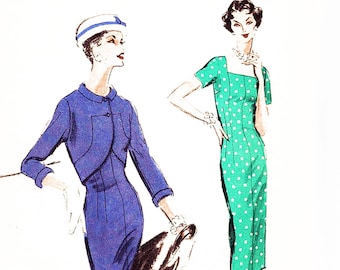 1950s Dress Pattern for Womens Dress Square Neckline Short Sleeve Wiggle Skirt and Bolero Jacket Bust 34 UNCUT Vogue Pattern