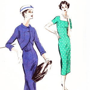 May include: Two women wearing dresses. The woman on the left is wearing a blue dress with a matching jacket and a white hat. The woman on the right is wearing a green dress with white polka dots. Both women are wearing heels.