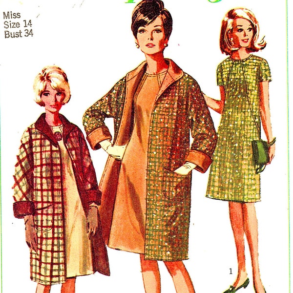 1960s Reversible Coat and Dress Pattern Womens Vintage Sewing Pattern A line Dress with Reversible Clutch Coat size 14 Bust 34