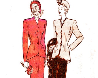 Womens Suit Pattern Swallowtail Jacket Cutaway and Gored Skirt size 14 bust 32 UNCUT 1940s Pattern