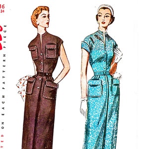 1950s Shirtwaist Dress Pattern 34 Bust Button Dress with Pockets Mandarin Collar Dress size 16 UNCUT