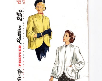 1940s Sewing Pattern for Womens Swing Coat Jacket with Pockets Misses size 14 Bust 32 UNCUT