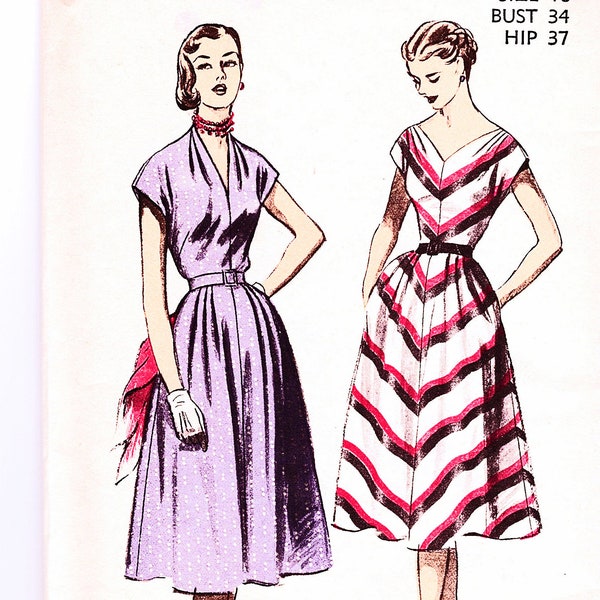 1950s Dress Pattern 34 Bust Chevron Dress Cap Sleeve Flared Skirt Misses size 16 UNCUT