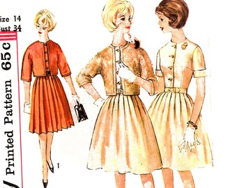 1960s Shirtwaist Dress Pattern 34 Bust Womens Full Skirt Dress with Jacket Misses size 14