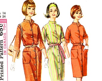 Womens Shirt Dress Pattern 1960s Shirtwaist Dress with Collar 34 Bust size 14 Simplicity Pattern