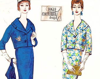 Womens Suit Pattern 1950s 36 Bust Vogue Couturier Pattern with Label Shawl Collar Jacket, Slim Skirt Size 16 UNCUT