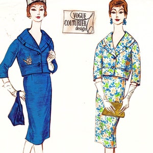Womens Suit Pattern 1950s 36 Bust Vogue Couturier Pattern with Label Shawl Collar Jacket, Slim Skirt Size 16 UNCUT