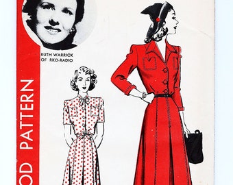 Hollywood 1940s Dress Pattern Shirtdress with Pockets Button Shirtwaist Dress UNCUT Misses size 14 Bust 32