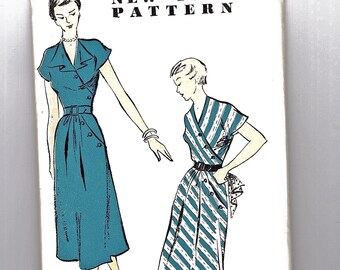 1940s Dress Pattern Womens Dress V Neck Ruffle Collar Cap Sleeves UNCUT size 14 New York Pattern 40s