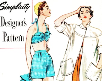 1950s Bathing Suit Pattern for Womens Two piece Swim Suit Halter Bra Top Shorts Bust 34 Beachwear Pattern UNCUT