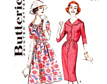 1950s Dress Pattern 39 Bust Sheath Dress Full Skirt Shirtdress Womens Half Size 18.5