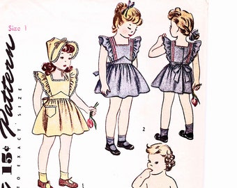 Toddler Pinafore Dress Pattern size 1 Girls Dress with Ruffle Sleeves Hat 1940s Patterns