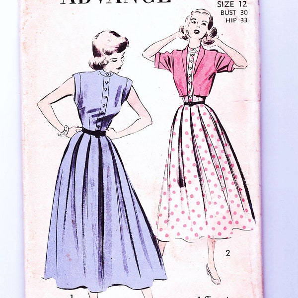 1940s Shirtwaist Dress Pattern Full Skirt Dress Cap Sleeves Short Bolero Jacket Misses Size 12 Bust 30