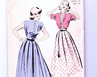 1940s Shirtwaist Dress Pattern Full Skirt Dress Cap Sleeves Short Bolero Jacket Misses Size 12 Bust 30