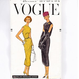 Vogue Dress Pattern 1950s Sleeveless Dress Sheath Bust 34 Size 14 Sewing Pattern