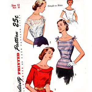 1950s Top Pattern size 12 Womens Sleeveless Blouse Bust 30 UNCUT Simple to Sew Pattern