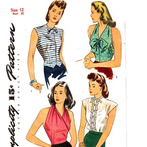 May include: A vintage sewing pattern for four sleeveless tops. The pattern is from Simplicity and is for size 12, bust 30 inches. The tops are shown on four different models, each wearing a different top. The tops are all different styles, but they are all sleeveless and have a feminine look.