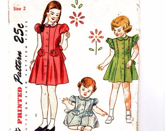 1940s Dress Pattern size 2 Toddler Dress Peter Pan Collar Ruffle Puff Sleeve Dress 40s Sewing Pattern