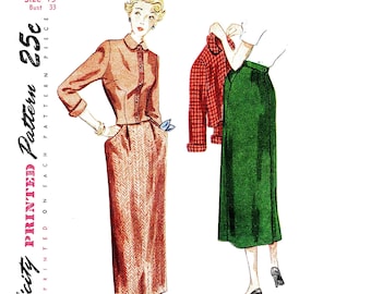 Womens Suit Pattern 1940s 33 Bust Fitted Jacket High Waist Skirt with Pockets size 15 UNCUT