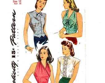1940s Blouse Sewing Pattern 30 Bust for Misses Halter Top Weskit and Dickey Simplicity Pattern UNCUT