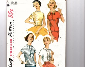 1950s Blouse Pattern 35 Bust Overblouse Top Short Sleeve Shirt Sewing Pattern 50s Simplicity
