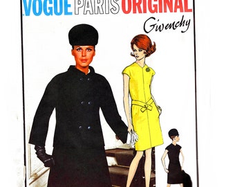 Givenchy 1960s Dress Pattern Vogue Paris Original Women's Shift Dress with Jacket Coat 34 Bust size 12 Vintage Sewing Pattern