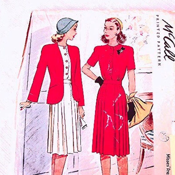 1940s Dress Pattern Pleated Shirt Dress with Jacket Misses size 12 Bust 30 UNCUT Vintage Sewing Pattern 40s