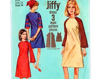 Simplicity 1960s Mod Dress Pattern 34 Bust Womens A line Dress Raglan Sleeves size 14 Vintage Sewing Pattern