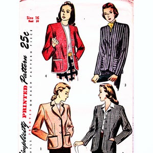 May include: A vintage sewing pattern for a women's jacket. The pattern includes four different styles of jackets, each with a different color and pattern. The pattern is printed on a white background with red and black text. The text on the pattern reads "Simplicity Printed Pattern 25c Ails Printed on Each Pattern Piece".
