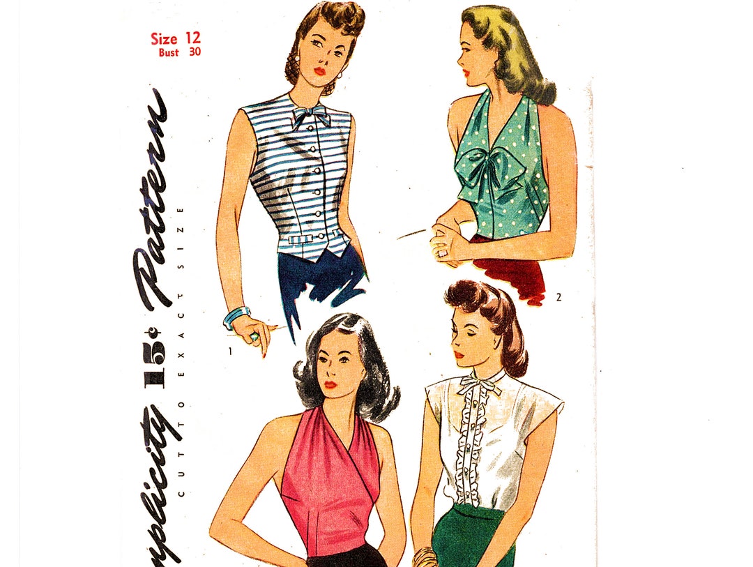 1940s Blouse Sewing Pattern 30 Bust for Misses Halter Top Weskit and ...