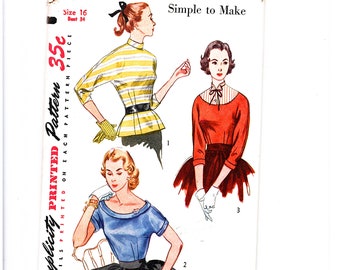 1950s Blouse Pattern Fitted Top Scoop Neckline Over Blouse with Dickey size 16 Bust 34 UNCUT Simple to Sew