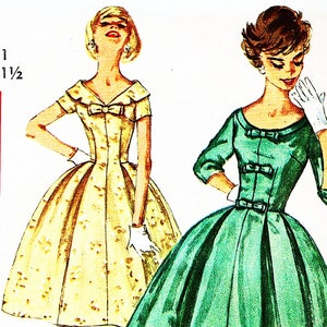 1950s Vintage Sewing Pattern for Full Skirt Dress with Bow Trim Junior Size 11 UNCUT