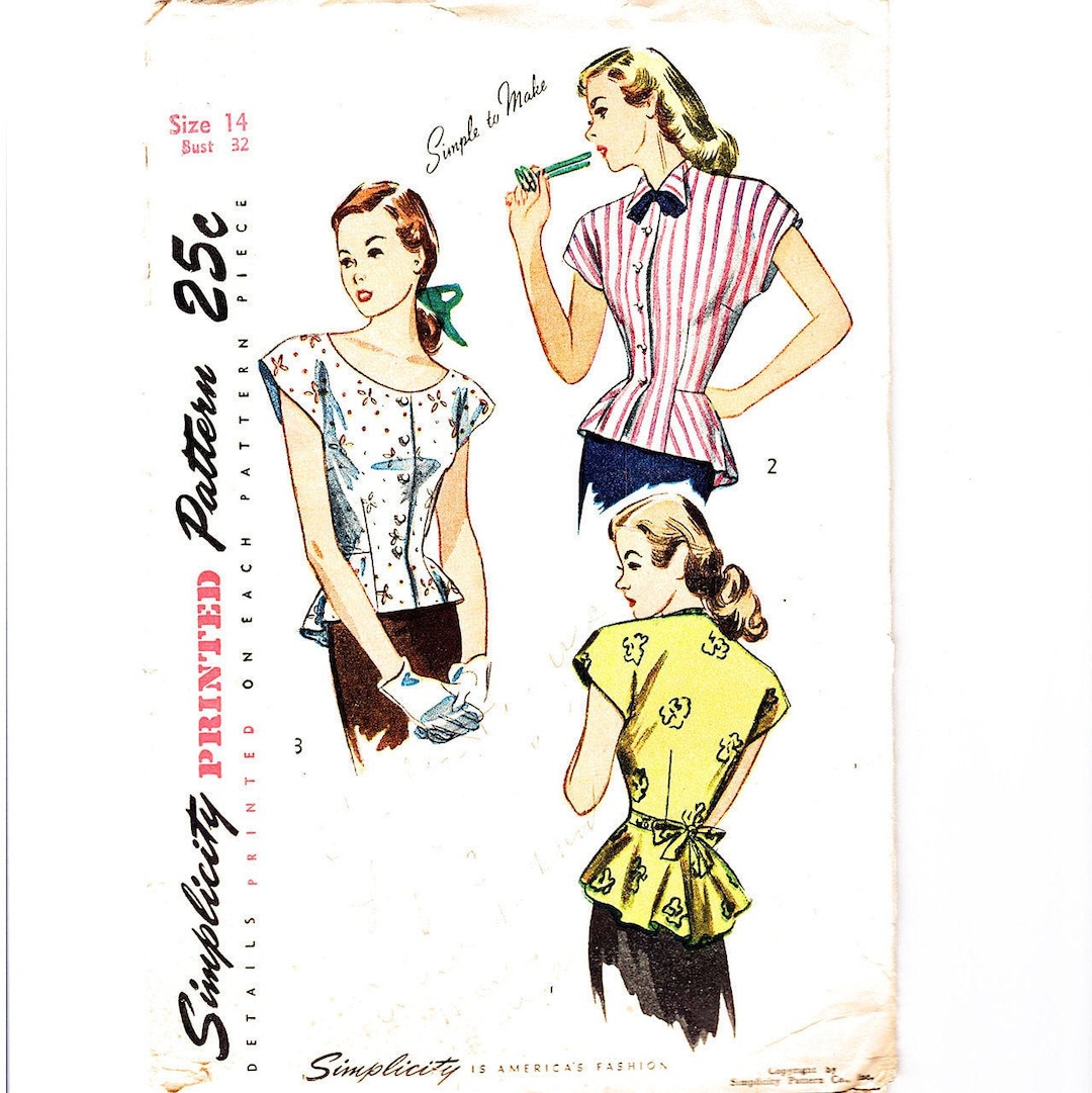 1940s Blouse Sewing Pattern Womens Short Sleeve Peplum Top Size