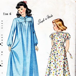 Girls Nightgown Pattern size 6 Sewing Pattern for girls long night gown 1940s