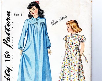 Girls Nightgown Pattern size 6 Sewing Pattern for girls long night gown 1940s